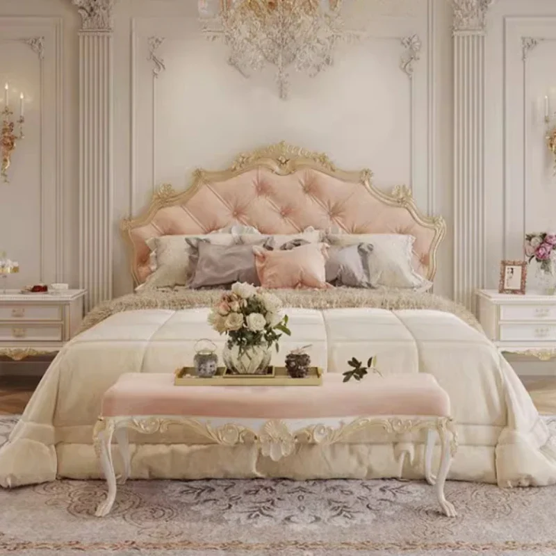 

Gold European Double Bed Velvet Cream Elegant Matrimonial Girls 180X200 Cm Beds Luxury Modern Villa Cama De Casal Furniture