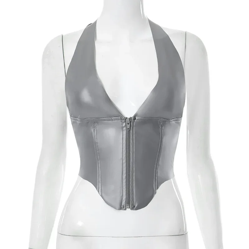 Sexy Tank Top with Zipper Deep V Neck Cut Out Silvery Halter Crop Tops Women Backless Camisole Female Sleeveless Cropped Vest