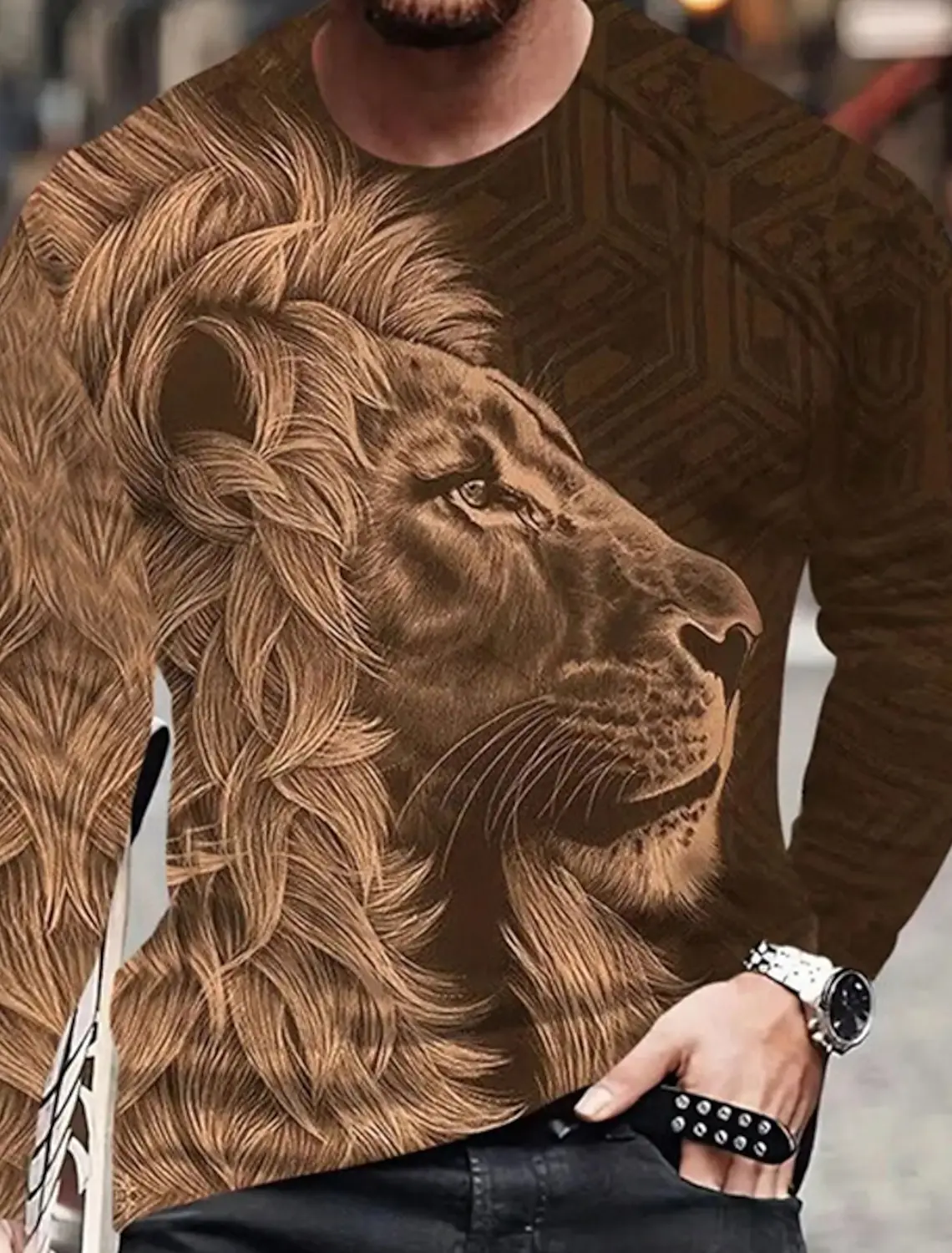

Men's T Shirts Vintage Animal Lion Long Sleeve Tops Autumn Sweatshirt Graphic Casual Hip Hop Fashion Clothing O-neck T-shirts
