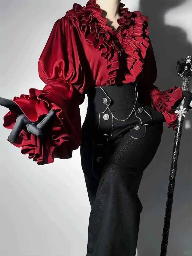 

Chemise Femme Japanese Gothic Lolita Shirt Women Y2k Red Vintage Ruffles Women's Blouse Autumn Blusas Mujer Camisas