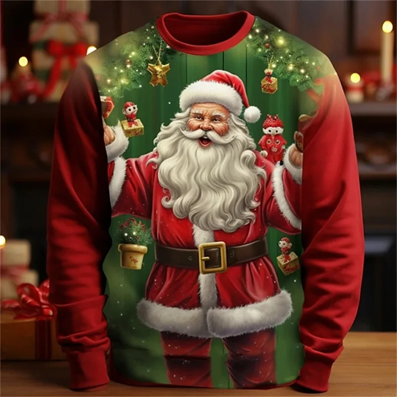 3D Print Santa Claus Merry Christmas Casual Men's T Shirt Clothes Long Sleeve Crew Neck Tee Shirts Top For Men Camiseta