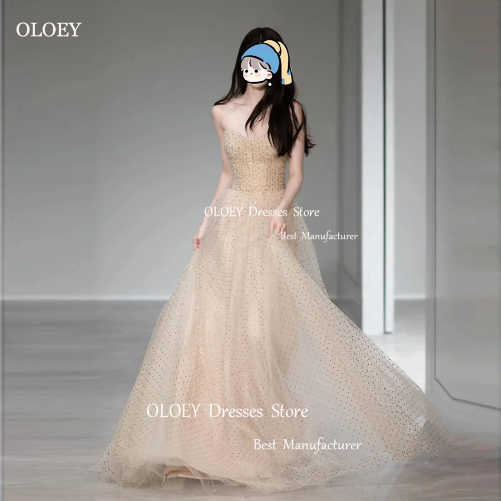 OLOEY Fancy A-Line Shiny Tulle Strapless Wedding Dresses Korean Photoshoot Sleeveless Floor Length Princess Bridal Gowns