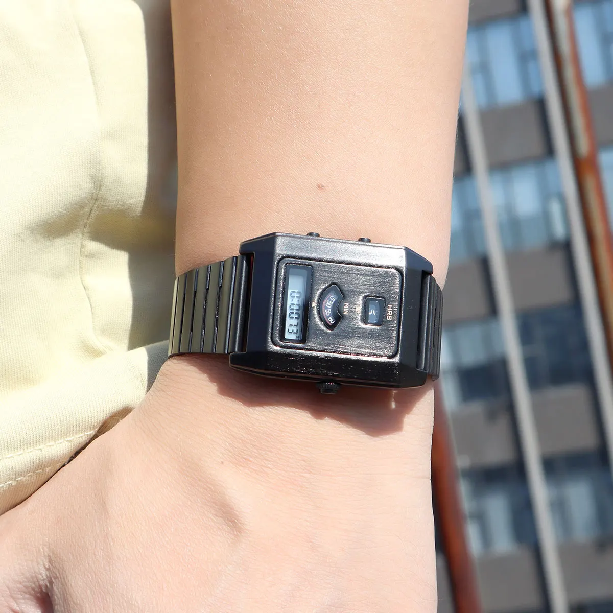 ساعة يد كوارتز إلكترونية مزدوجة الحركة للرجال ثلاثية العرض بإضاءة خلفية ومنبه للجنسين مع حزام من الفولاذ المقاوم للصدأ #5