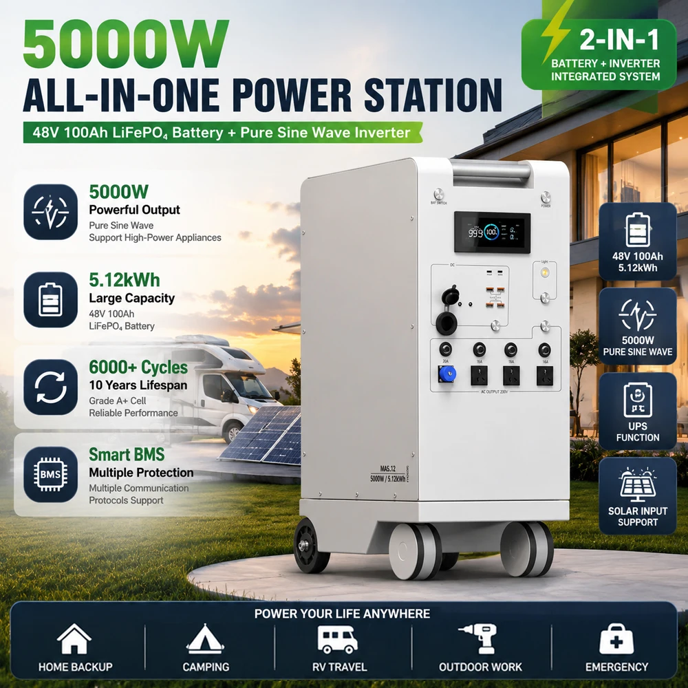 Tragbare Powerstation 5000W LiFePO4 48V 100Ah 5Kwh 6000W MPPT-Wechselrichter mit Licht 18W-USB EU AC Ein-/Ausgang PV-Eingang EU LAGERBESTAND – Detail 5