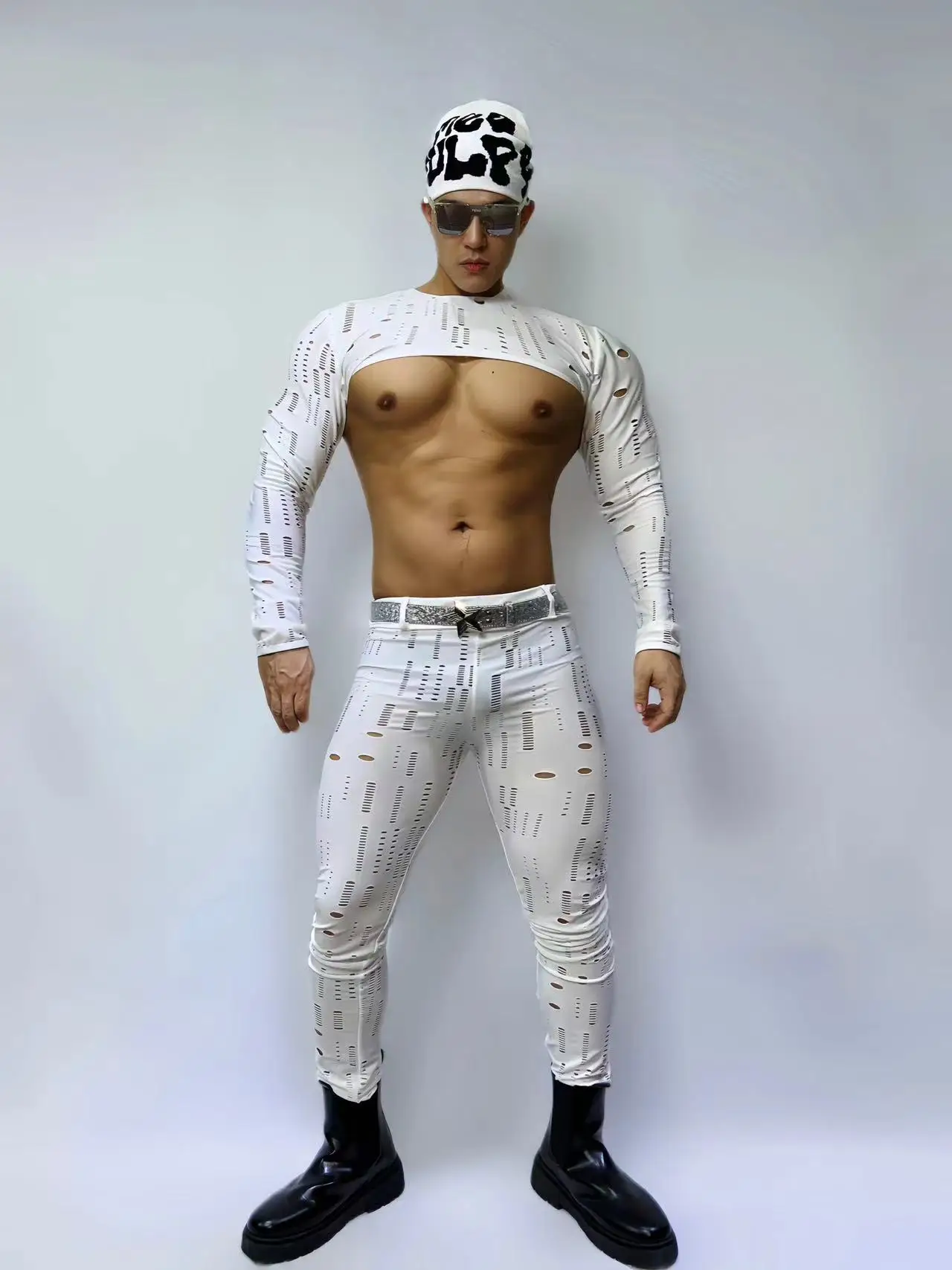 Male Gogo Dance Clothing White Tops Stretch Tights Nightclub Bar Pole Dance Costume Sexy Dancer Performance Stage Wear VDB7254