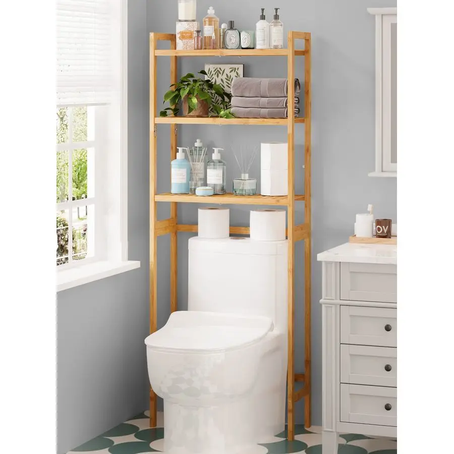 

Over The Toilet Storage, 3Tier Bathroom Organizer Over Toilet with Sturdy Bamboo Shelves,Multifunctional Toilet Shelf,Easy to A