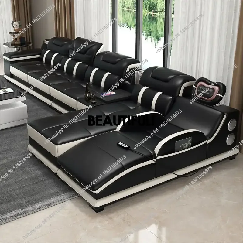 

Italy Genuine Leather Sectional Sofa with Bluetooth Speaker,Functional Headrest,Massage Chaise | L Shape Corner Couch