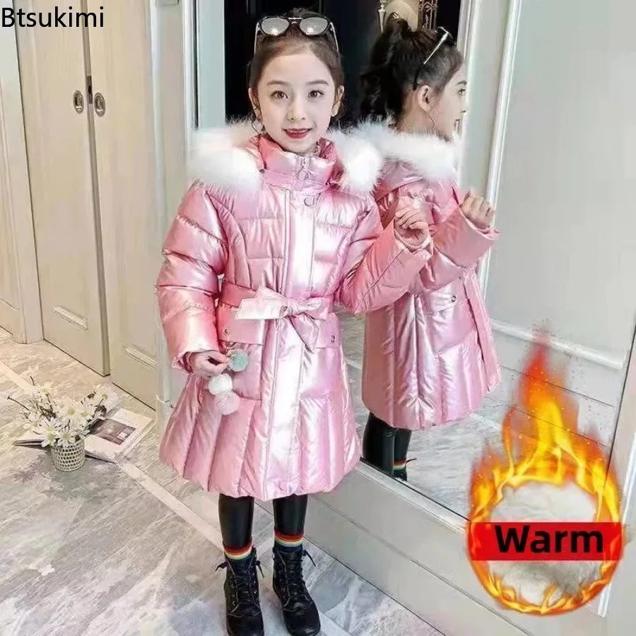 Winter Glossy Thickened Warm Jacket Padded Children's Jacket Winter Girl Zipper Hooded Jacket Girls Cotton Clothes 4-12Years Old