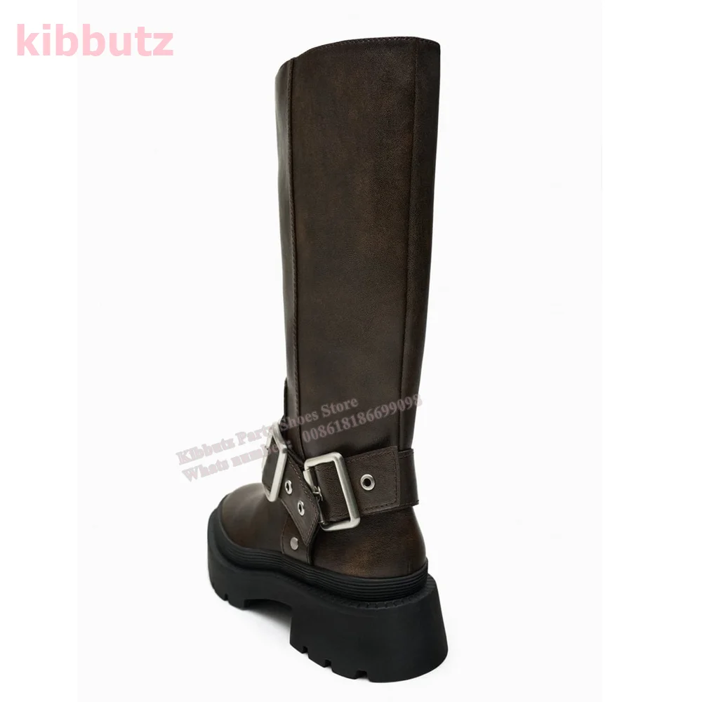 Belt Buckle Biker-Style Boots Knee High Round Toe Flat With Genuine Leather Slip-On Women Fashion Sexy Concise Shoes 2023 Newest