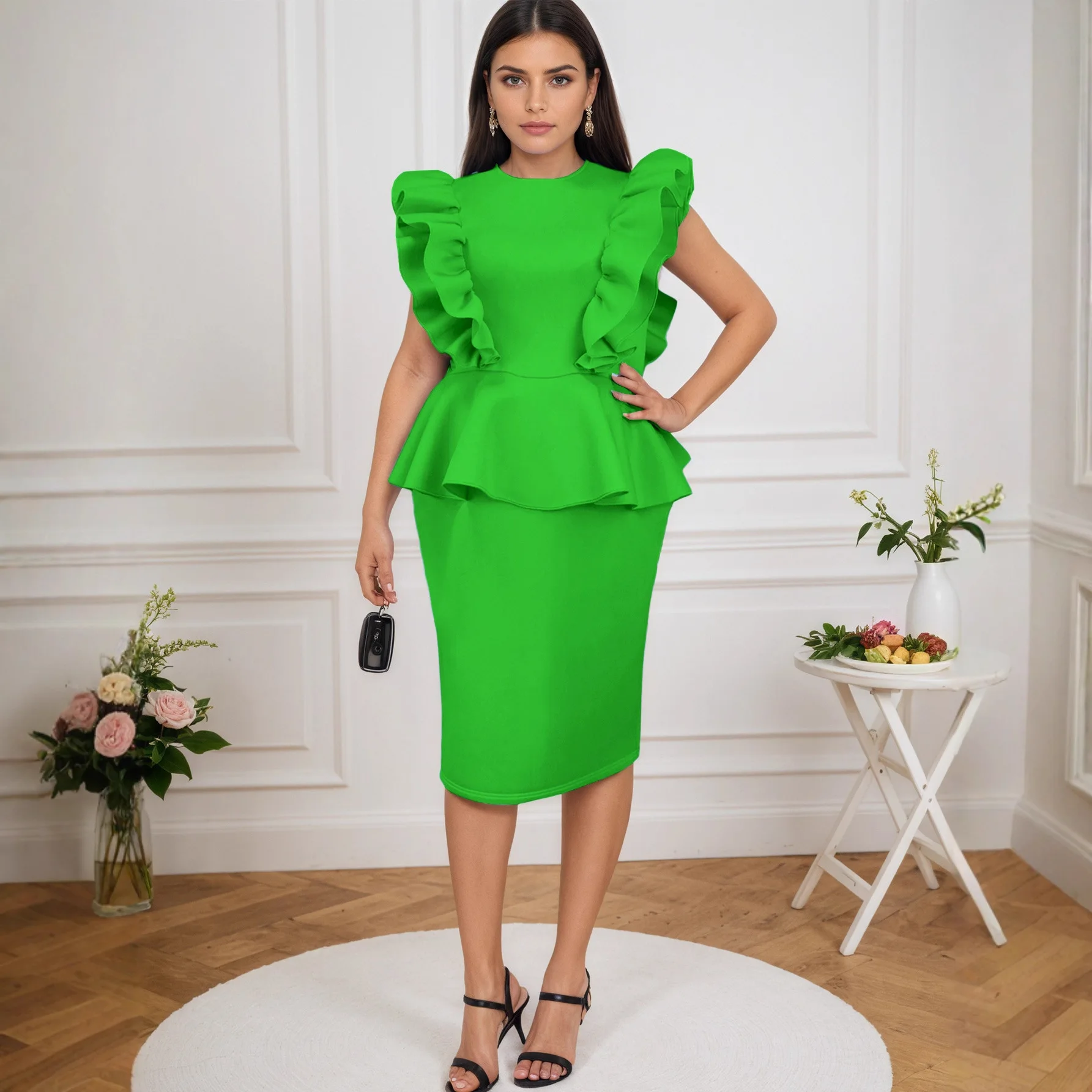 

L-4XL африканские платья больших размеров для женщин, элегантное африканское облегающее платье миди без рукавов из зеленого полиэстера Dashiki, африканская одежда