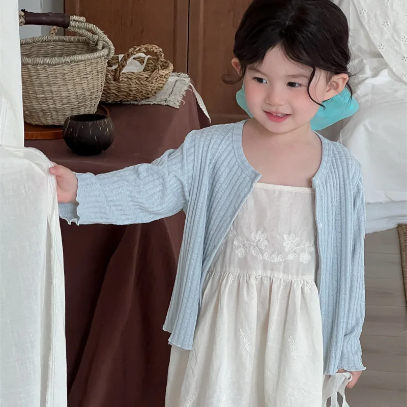 

Girls Coats 2025 Autumn Children Clothes Patchwork Lace Embroidered Knit Cardigan Korean Style Solid Color Long-Sleeve Jacket