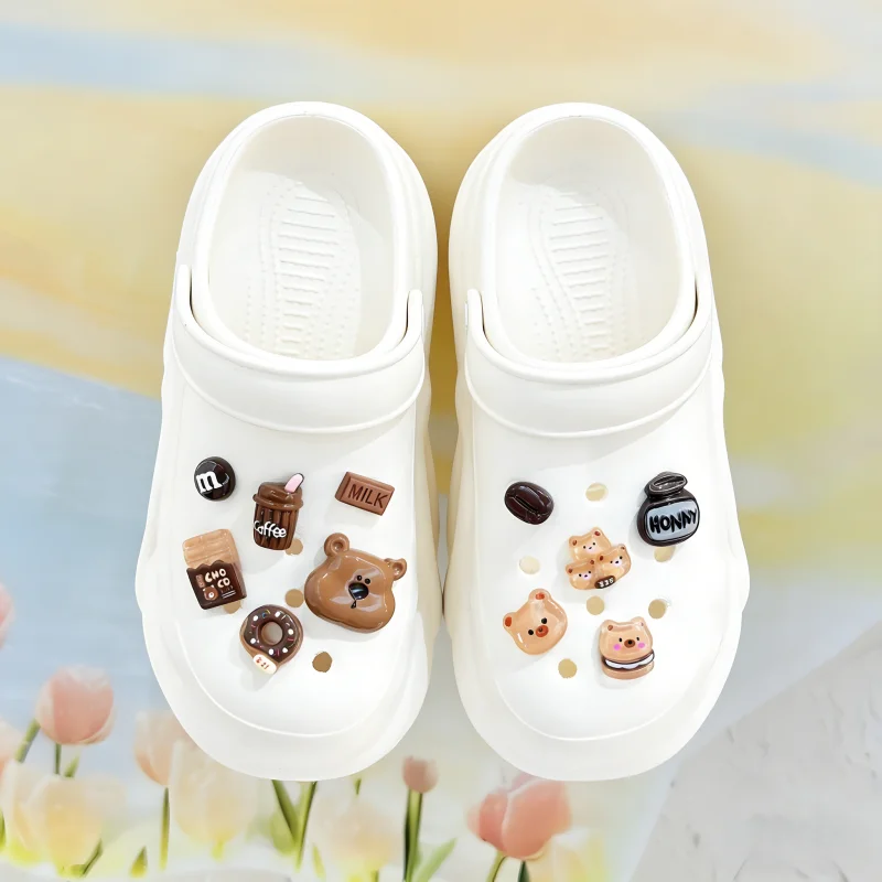 Cartoon Coffee Bear Shoes Charms Set Resin Shoe Flower Accessories DIY Hole Shoes Slippers & Clogs Decoration Party Gifts ﻿