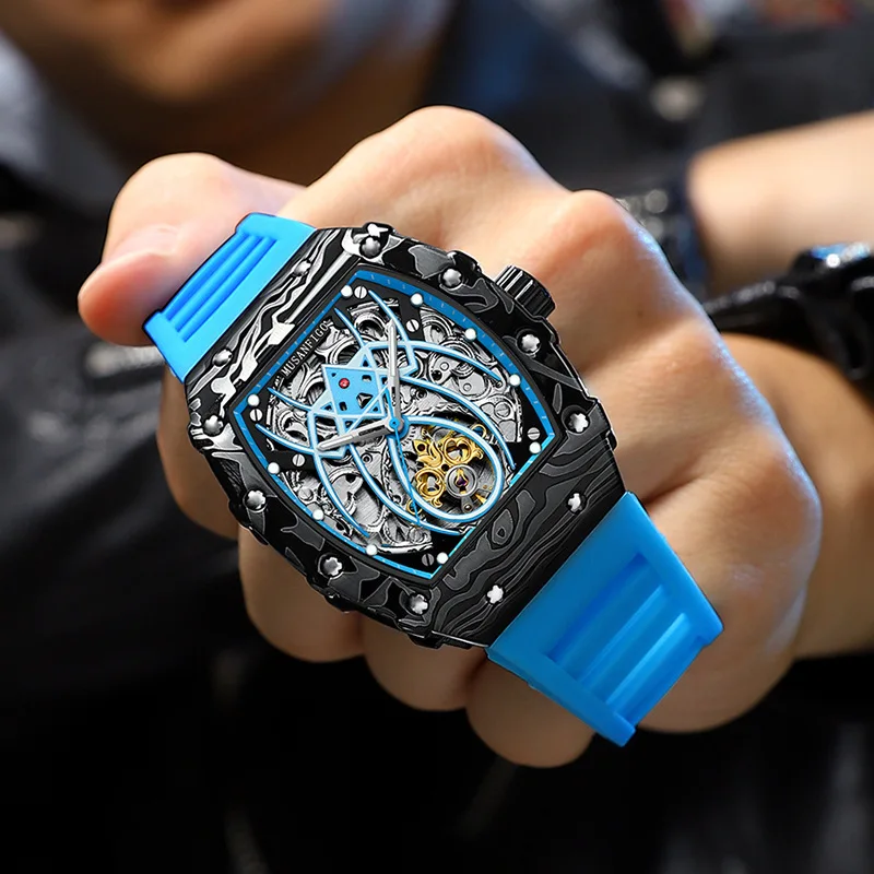 Luxury Tourbillon Mechanical Watch for Men Sport Silicone Strap Waterproof Fashion Skeleton Watches Men Tonneau Dial Wristwatch