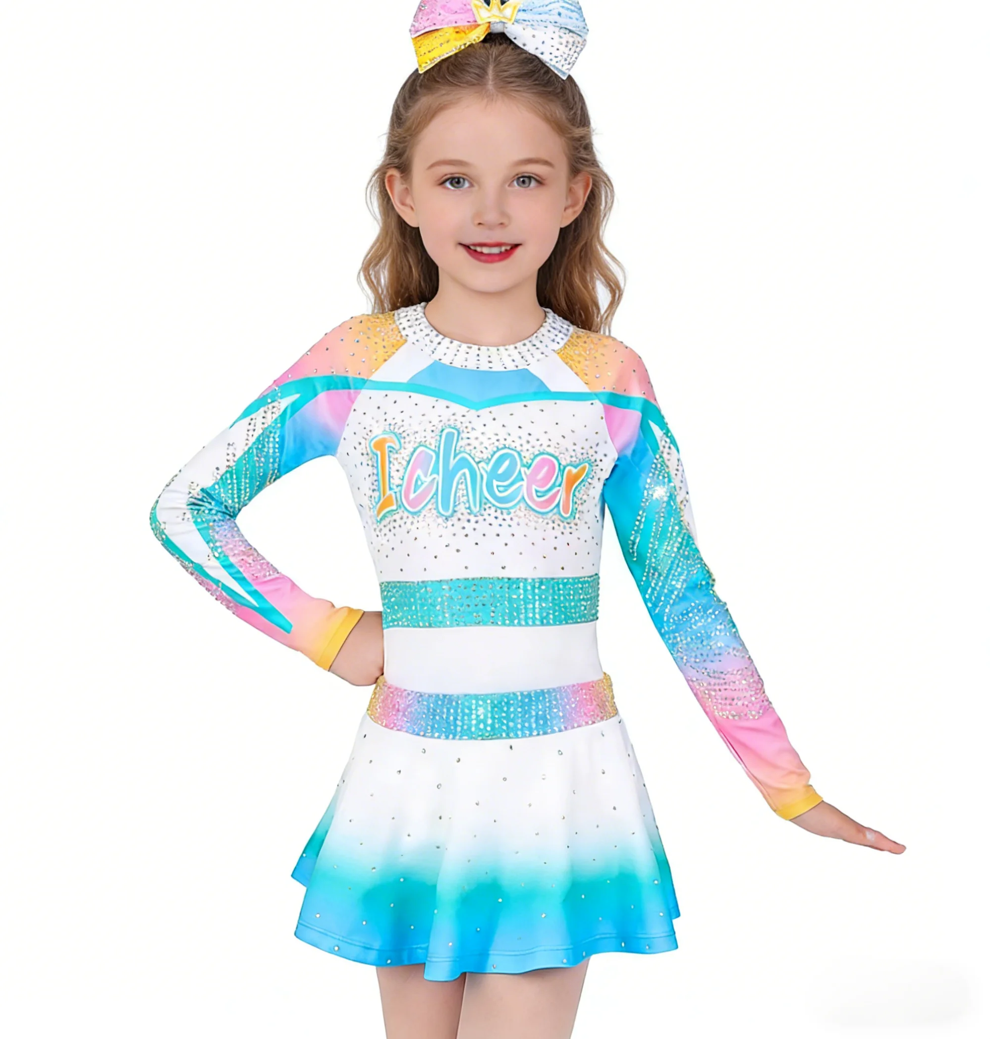 

Блестящий костюм чирлидерши с длинными рукавами и градиентным дизайном, украшенный стразами, для выступлений и танцевальных соревнований