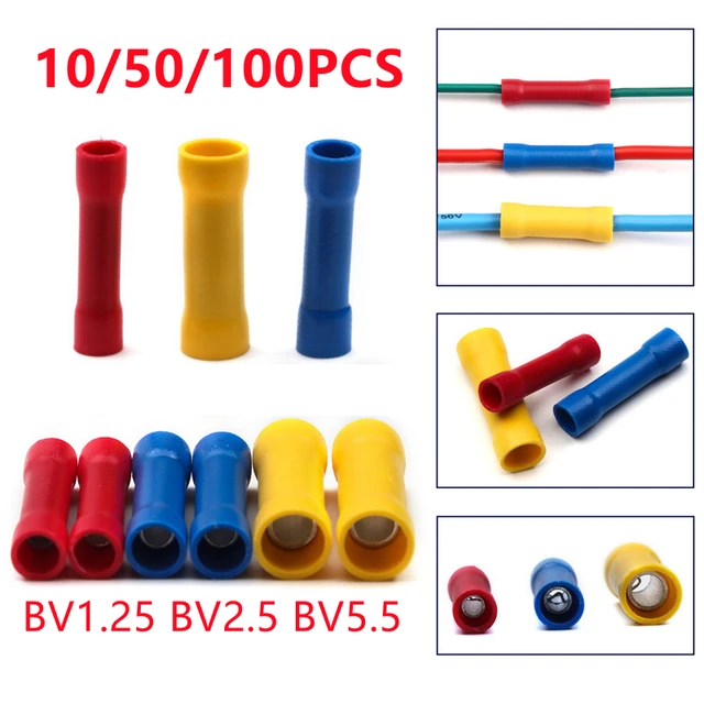 10/50/100 sztuk BV zacisk zaciskany złącze zaciskane złącze zaciskane izolowany miedzią elektryczny prosty przewód terminal BV1.25 BV2.5 BV5.5