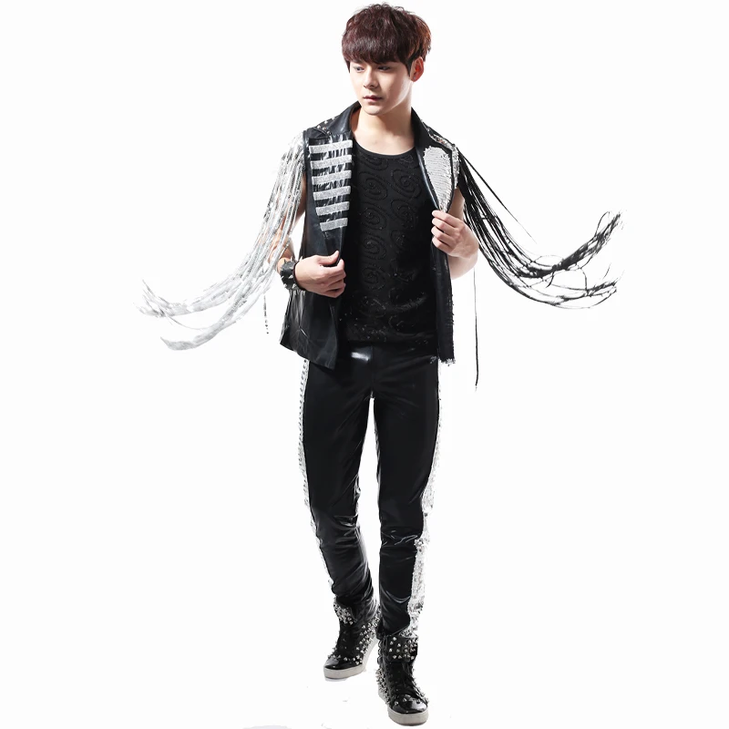 Men club dance costume black Shiny Sequins Jacket coat Baseball Suit Nightclub Tide Hip Hop Rock Performance 3pc dance wear