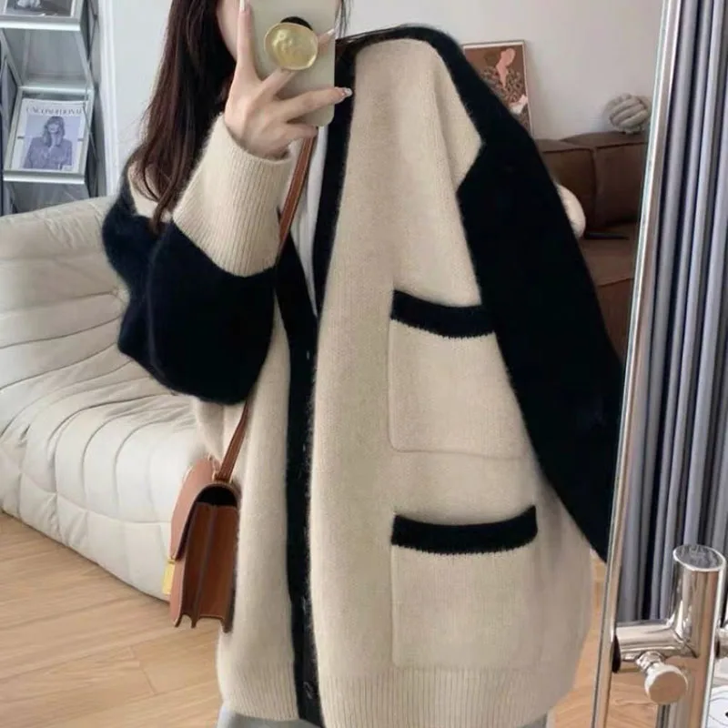 Women Autumn Winter Korean New Knit Cardigan Commuter Trendy Contrast Button Pocket Splicing Lazy Sweater Style Long Sleeve Coat