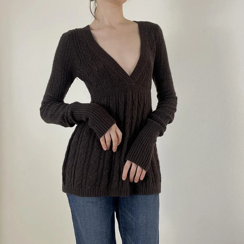 SUCHCUTE HarajukuSolid Basic Long Sleeve Sweater Women V-neck Vintage Y2K Casual Top Winter Fall Pullover Top Grunge Fairycore