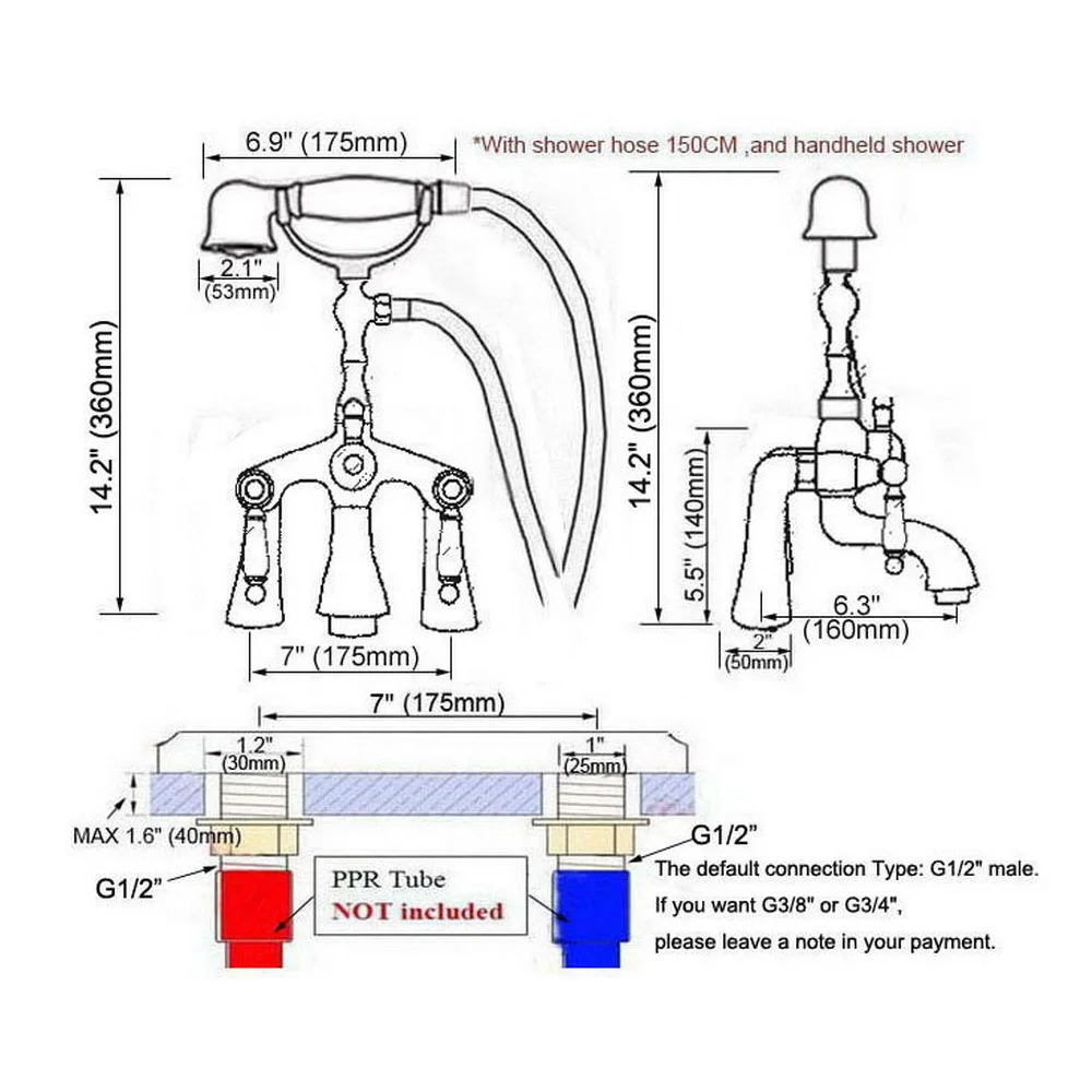 Deck Mounted Modern Polished Gold Brass Bathroom Tub Faucet Set with 150CM Handheld Shower Spray Head Bath Mixer Tap 2tf792