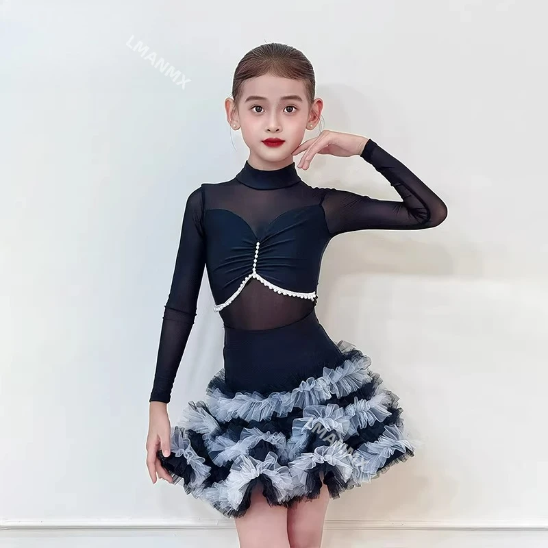 

Платье для латинских танцев 2025 г., новое детское платье для выступлений с длинными рукавами