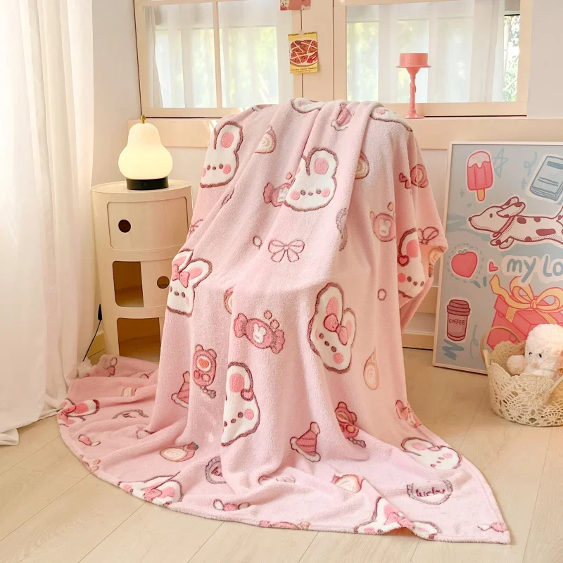 Cute Rabbit Throw Blanket for Boys Girls Kawaii Cartoon Animal Bunny Pink Fleece Blankets Candy Printed Blanket Bedroom Decor