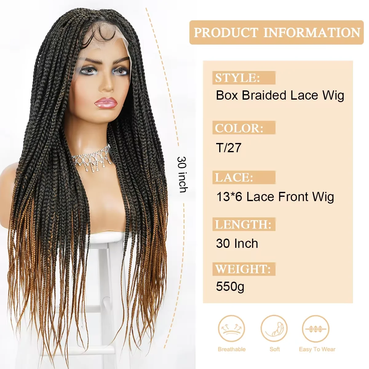 Unknotted Cornrow Tranças Perucas para Mulheres Negras, Lace Front, 13x6 Box Trançado, Cabelo de Bebê, Sintético, 30"