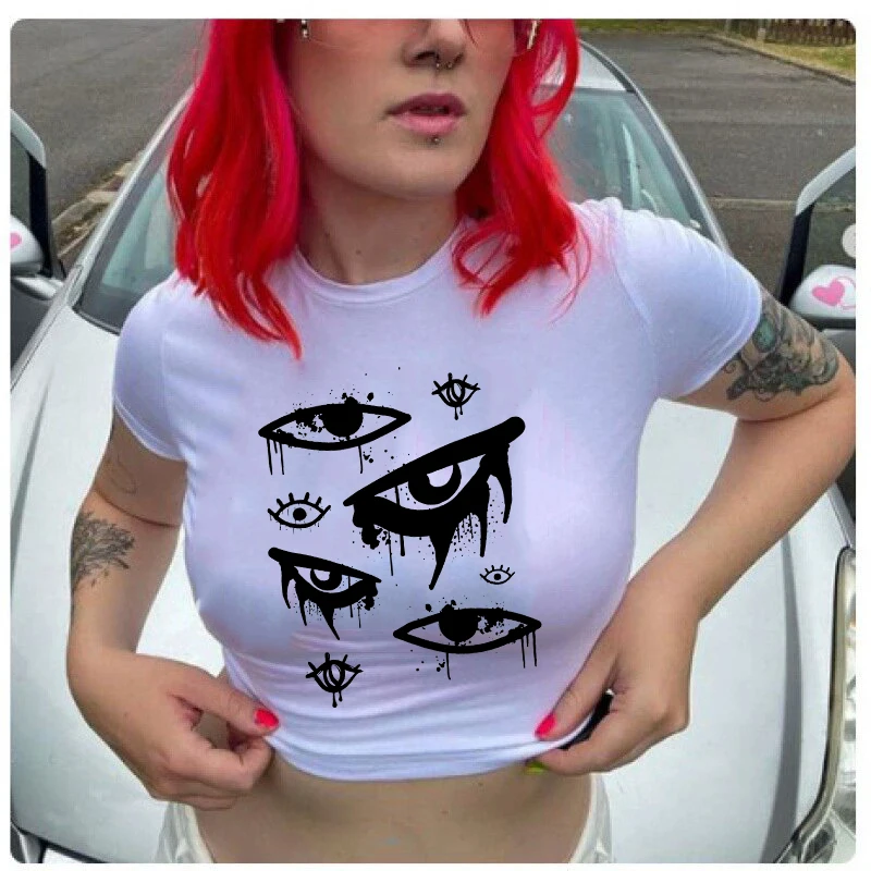 Gothique Creative Eye Motif Impression T-Shirt Esthétique Harajuku Polyvalent Classique Crop Top Vintage Y2K Streetwear Slim Femmes Tee