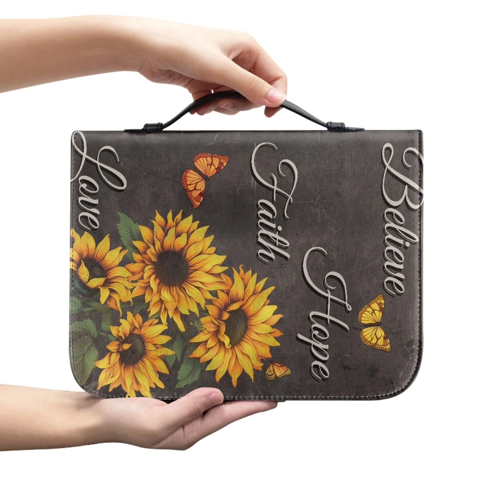 PENSTROLL Sunflower Butterfly 2026 Collection PU Leather Practical Bible Carrying Case, Portable Church Bag for Unisex