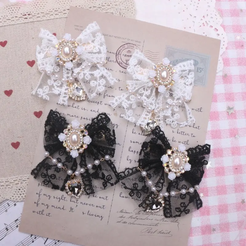 

Japanese Soft Girl Handmade Vintage Lolita Lace Rose Pearl Chain Love Rhinestone Small Pair of Side Clip Women