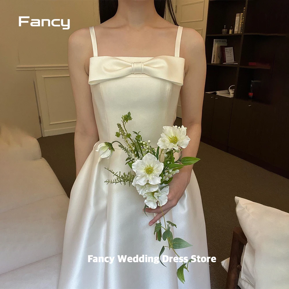 Fancy Elegant Soft Korea Satin Wedding Dress Photo Shoot Square Neck Sleeveless A Line Bridal Gown 웨딩드레스 customized