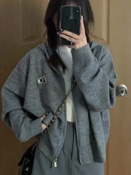 Early Autumn New Grey Embroidered  Color Knitted Open Cardigan Design Sense  Match Hat Women's Sweater Jacket