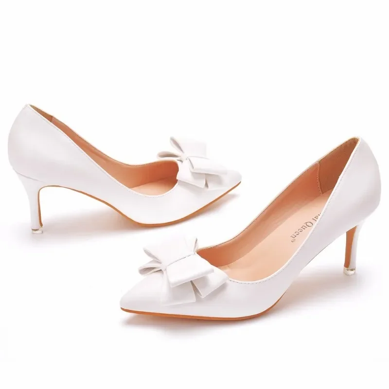 Women Pumps Party Prom Pointed Toe Butterfly knot Slip-On PU 7CM Thin Heels Office Work Office Lady Fashion Women Shoes white