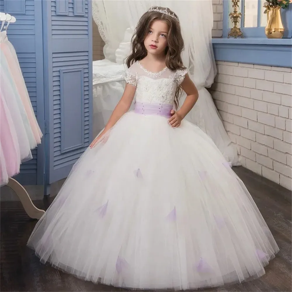 Puffy Flower Girl Dresses for Wedding Floor Length Lace Appliques Elegant First Communion For Wedding Birthday Prom Party