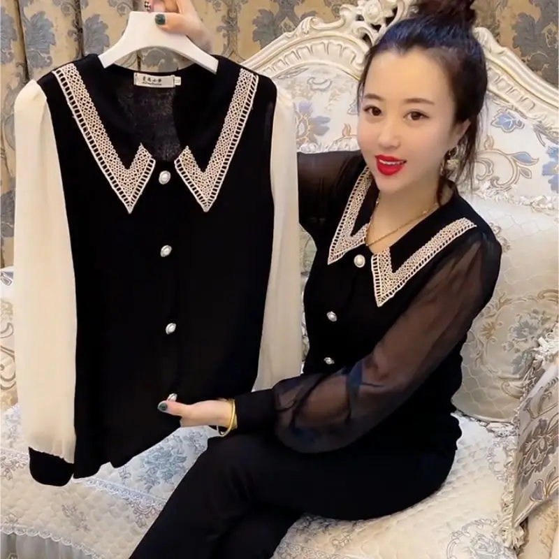 

New Patchwork Contrast Elegant Blouse Spring Autumn Long Sleeve Plus Size Temperament Shirt Tops Office Vintage Women Clothing