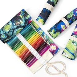 Painted Canvas Roll Pencil Case 12-72 Holes Large Capacity Pen Bag Makeup Brush Pouch Pencilcase School Stationery Supplies