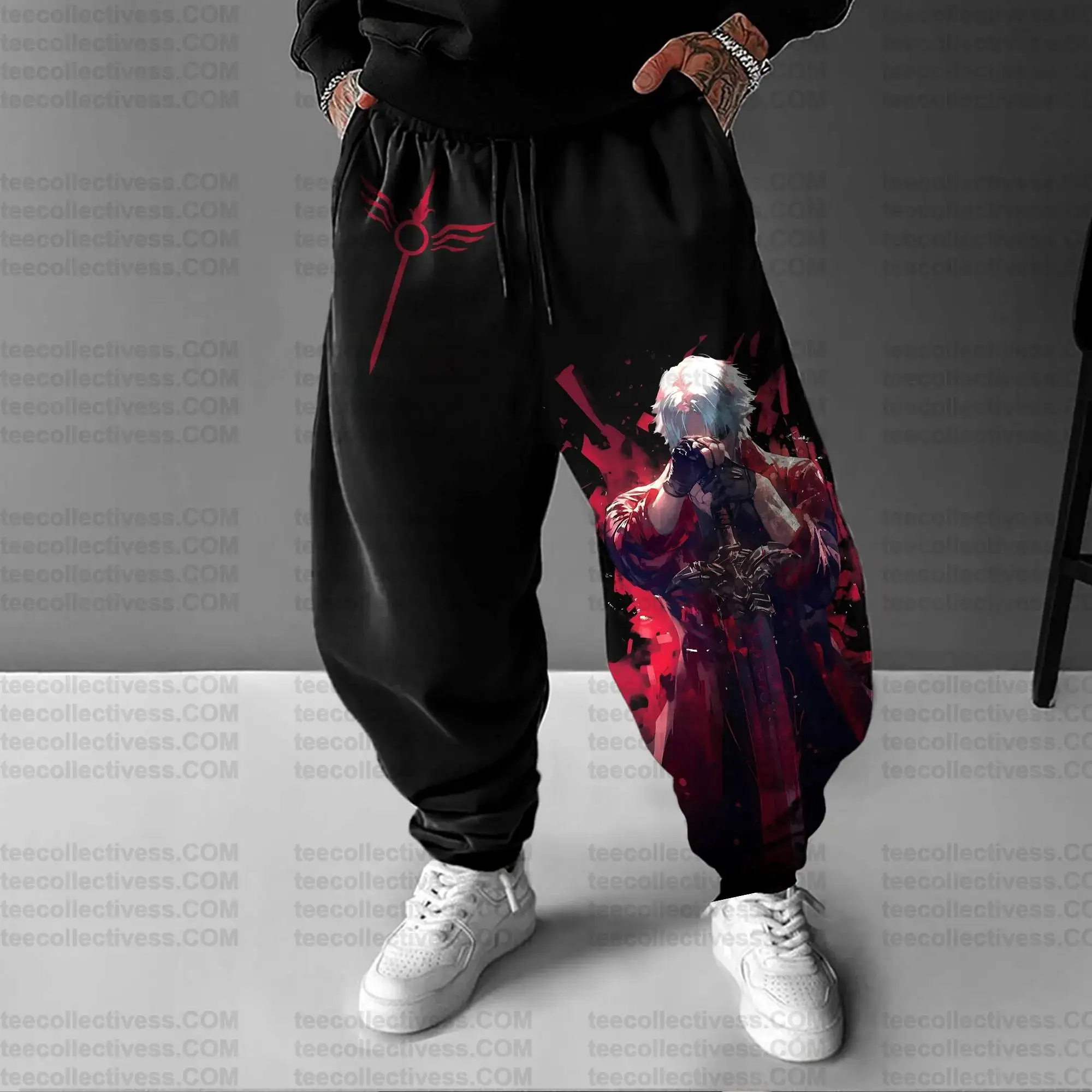 Devil May Cry 5 Hoodie Set Black Cotton Video Game Character Dante with Red Coat and Sword Print Long Sleeve Casual Outfit