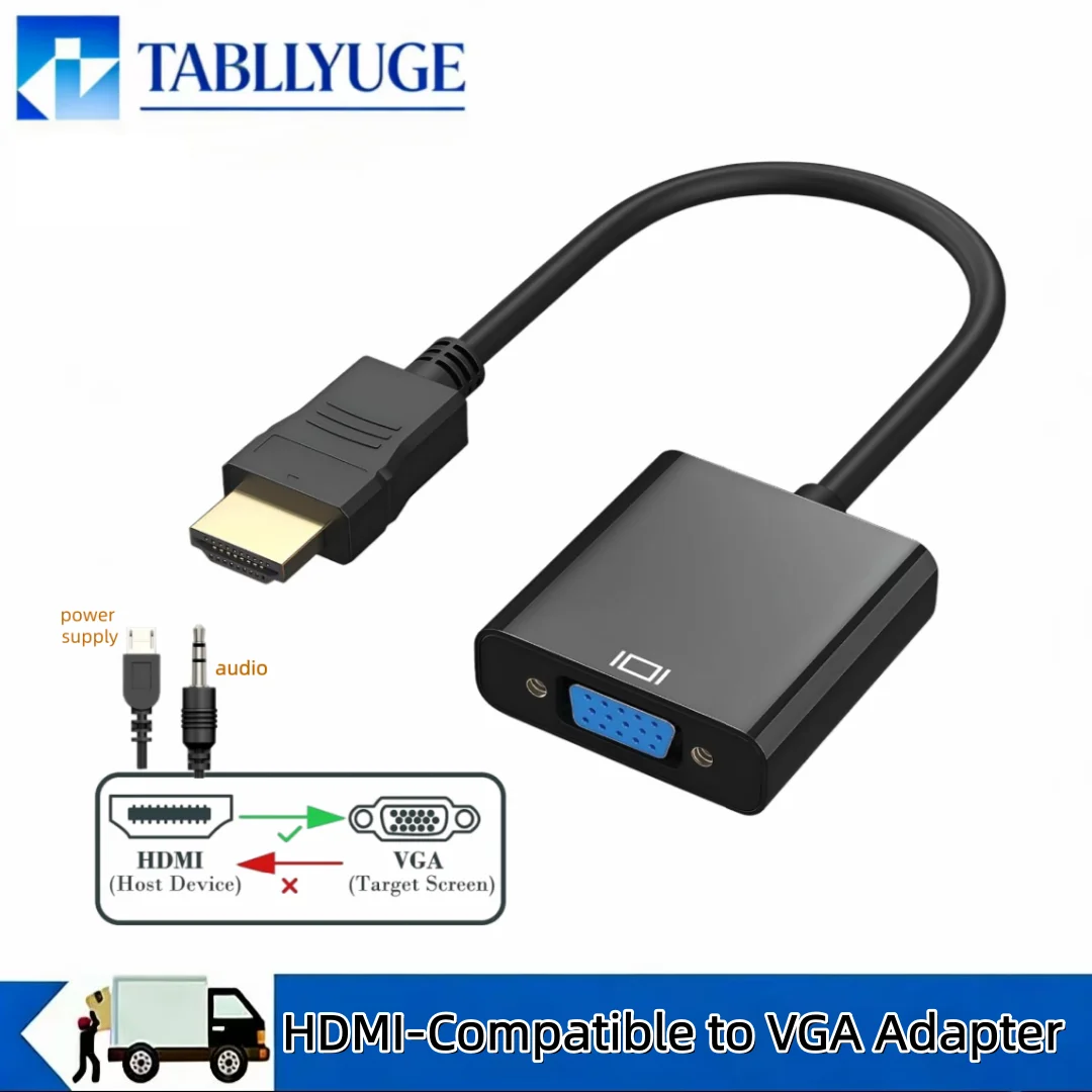 Adaptador HDMI para VGA 1080P, Cabo HDMI Masculino para VGA Feminino, Conversor de Vídeo HD para Laptop, PC, Tablet, Monitor, TV