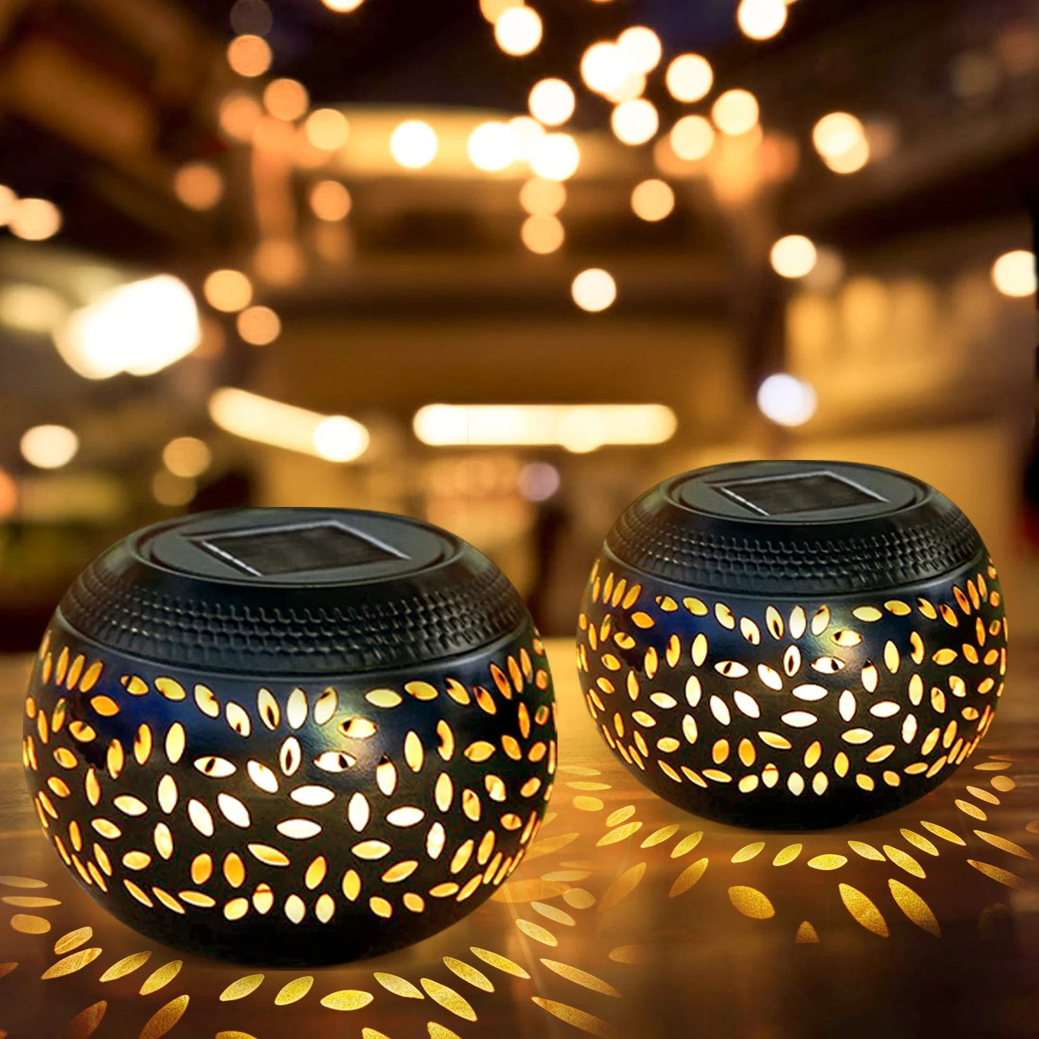 1/2 Pack Solar Lantern Halloween Decorations Outdoor, Black Hollow Out Metal LED Solar Lantern for Patio Porch Garden