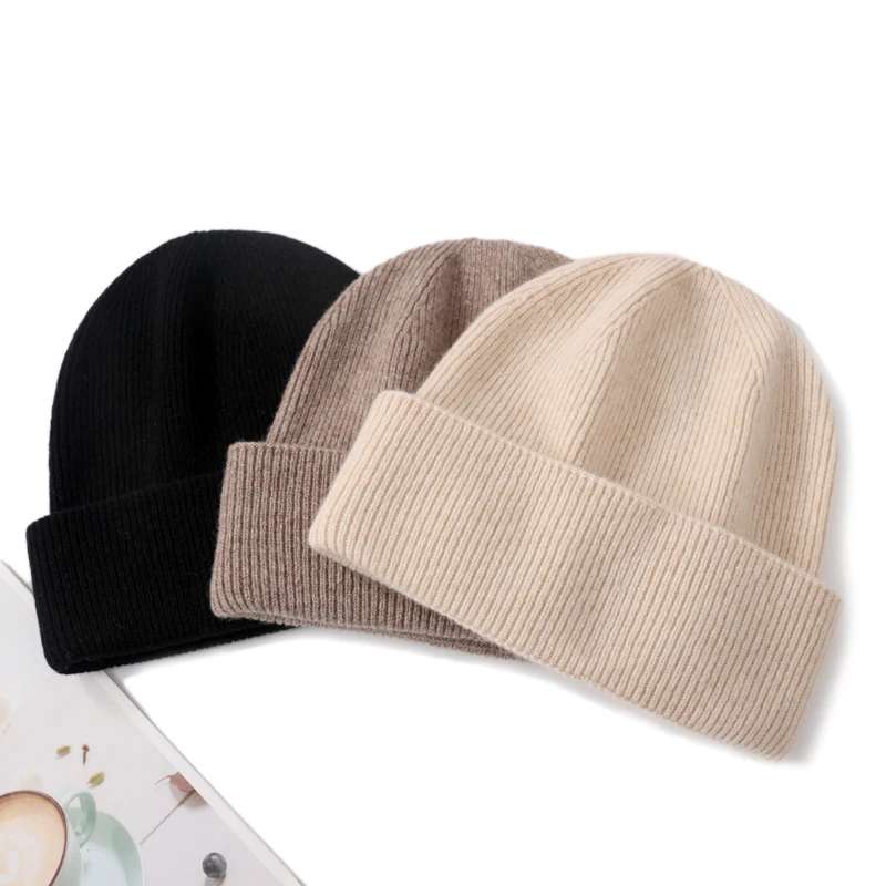 100%Pure Cashmere Beanies For Women Winter Warm Soft Solid Color Knitted Hat Y2K Korea Fashion Flipped Heap Pullover Cap Girl