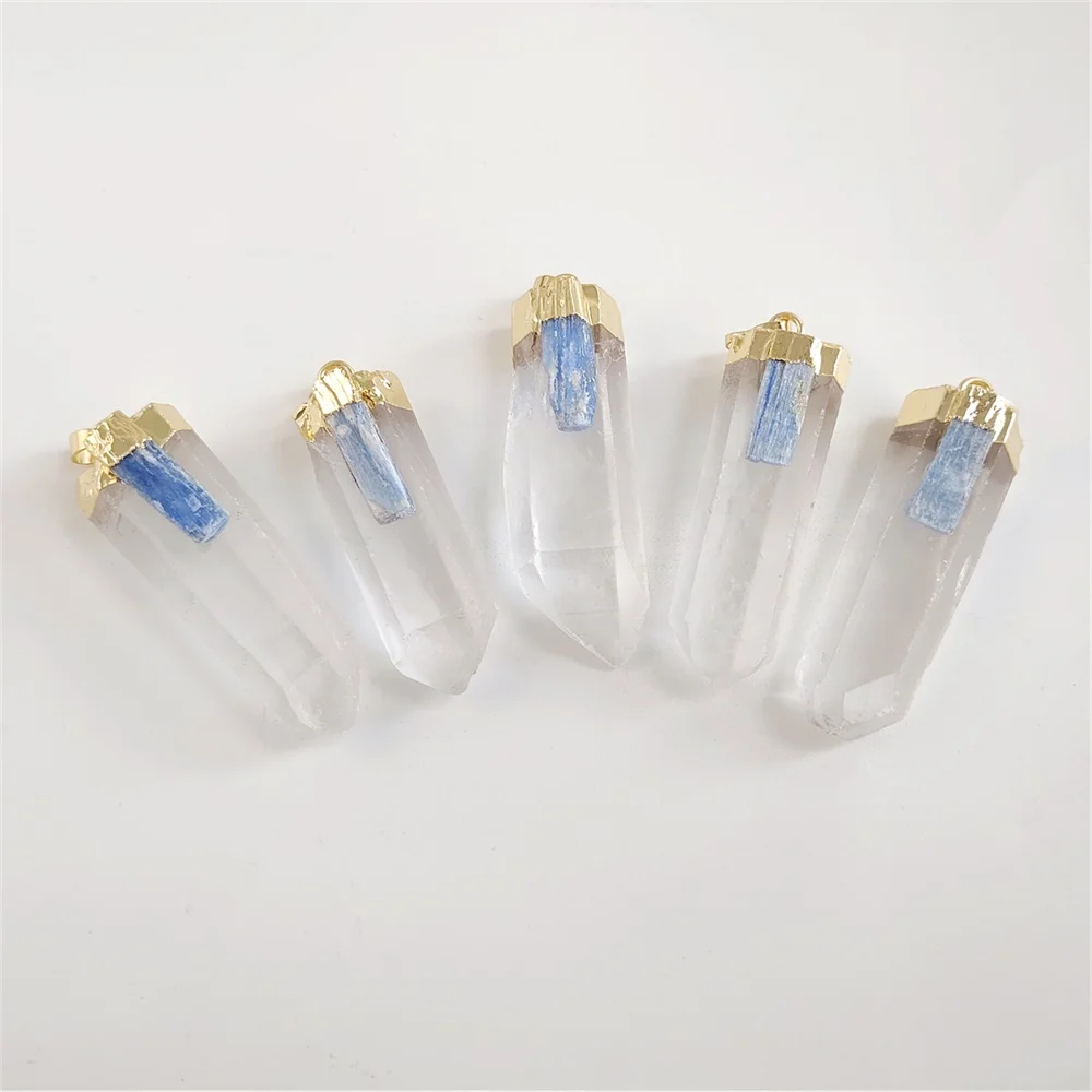 FUWO Wholesale Natural Crystal Point Pendant With Kyanite Charm,Golden Plated Quartz Accessory For Jewelry Making 5Pcs PD037