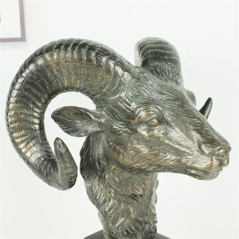 T*& Retro Bronze Goat Head Bust Statue Metal Animal Sculpture Home Decor