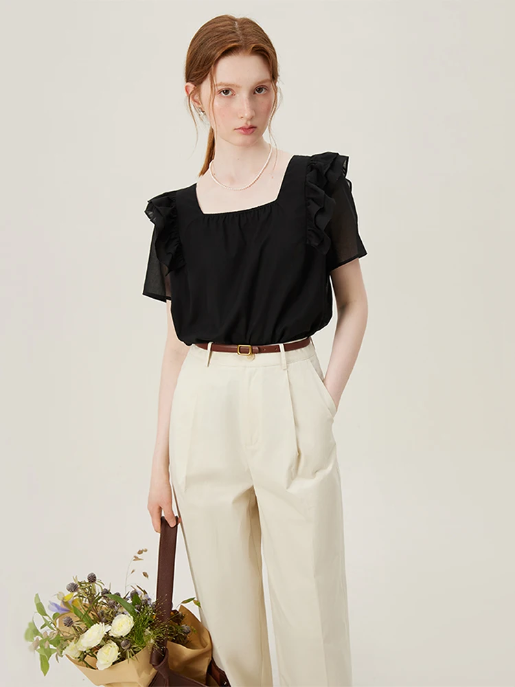 FSLE Women Summer Black Cotton Short Sleeve Blouse Square Neck Ruffled Sleeve Shirts 56.3% Lyocell Apricot Tops 24FS12994