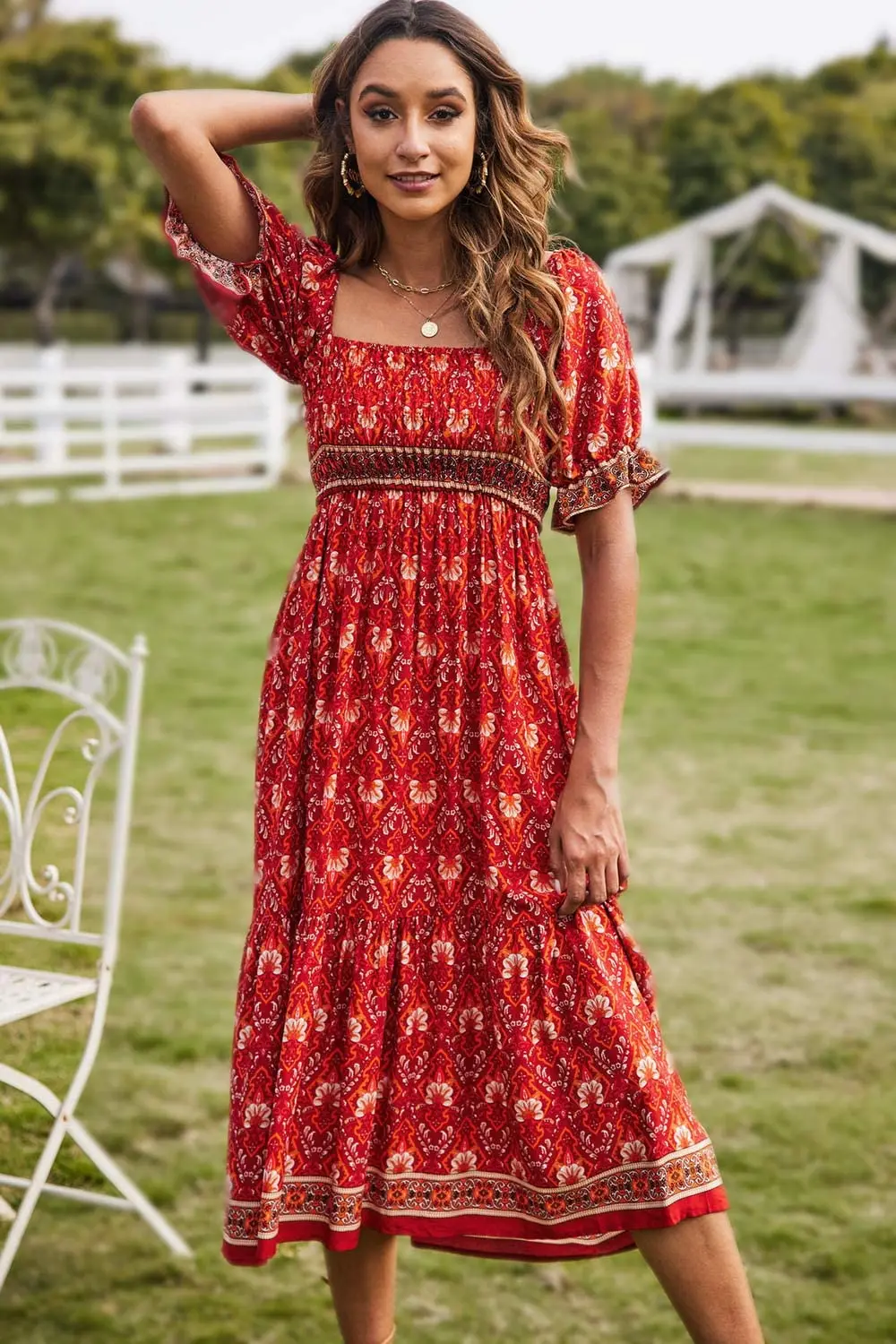 

New Women Summer Bohemian Dress Short Sleeve Pleated Chest Floral Pattern Boho Style One Piece Cake Skirt Fashion Casual Dress