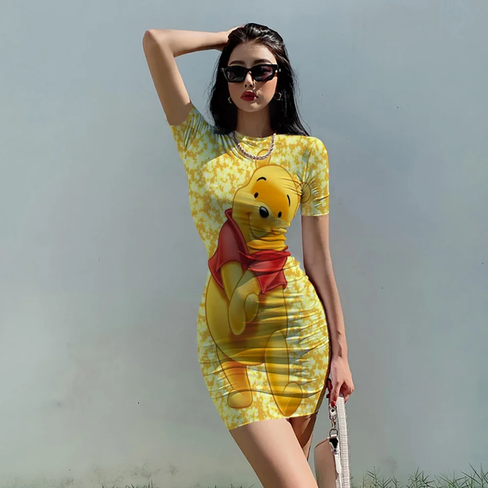 Disney Winnie the Pooh Women Summer Sexy Dress Cartoon 3d Print  Club Party Fashion Dresses Bodycon Short Sleeve Dress Slim