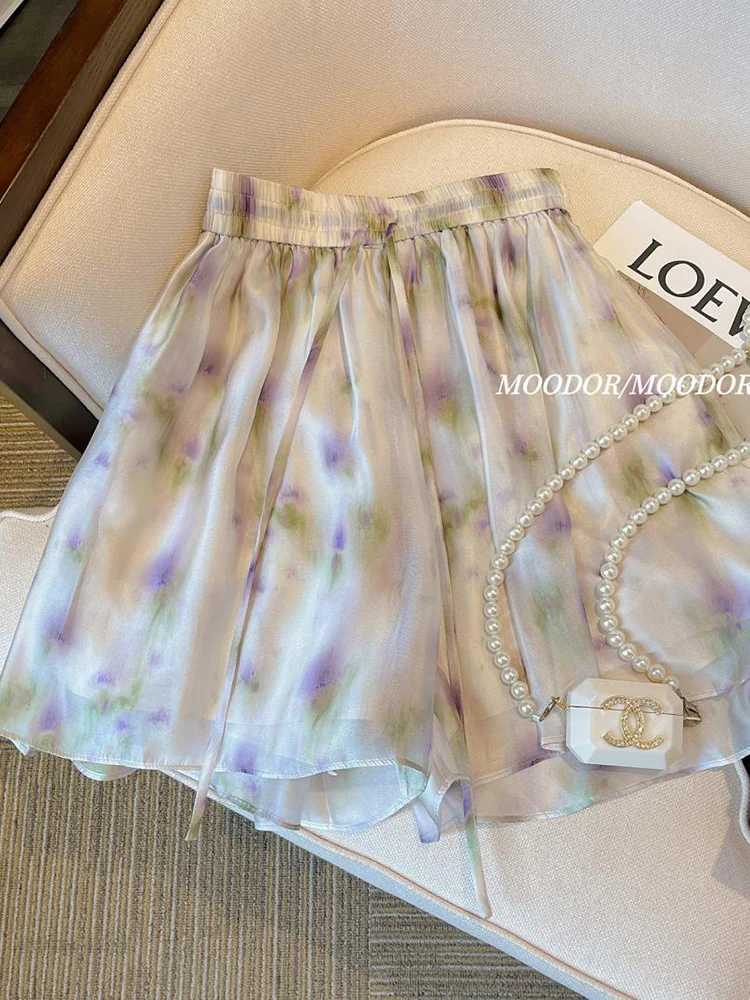 

Zoki Tie Dye Sweet Chiffon Shorts Women Loose Elegant High Waist Chic Shorts Casual Female Summer Soft Fashion Wide Leg Shorts