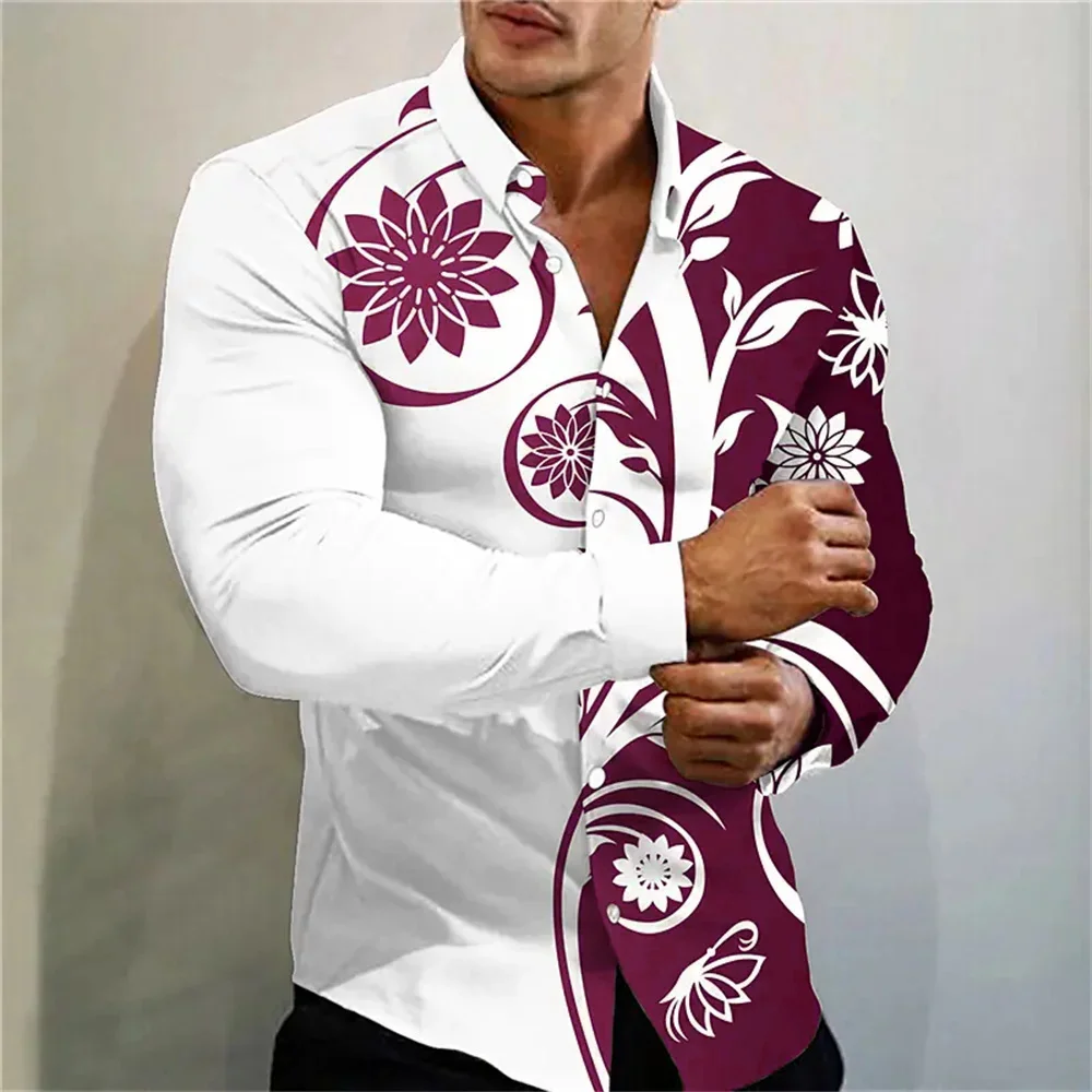 2024 new multi color floral print fashion shirt for social parties, men's lapel long sleeved cardigan shirt, plus size XS-6XL