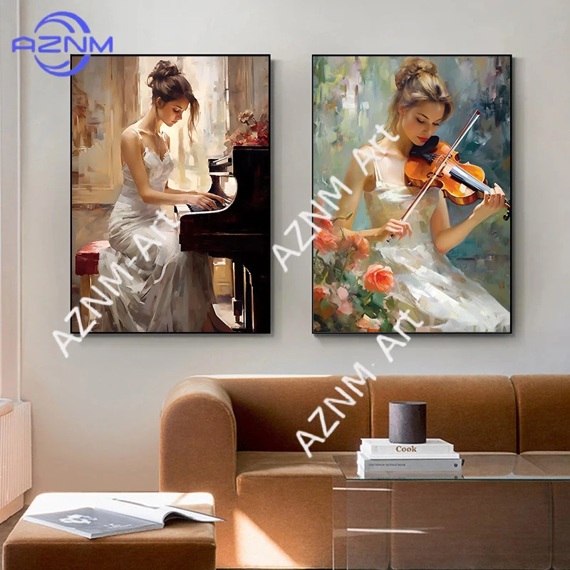 Vintage Elegante Frau Klavier Violine Ölgemälde Druck auf Leinwand Musik-Kunst Figuren Poster und Drucke für Wohnzimmer Wanddekoration