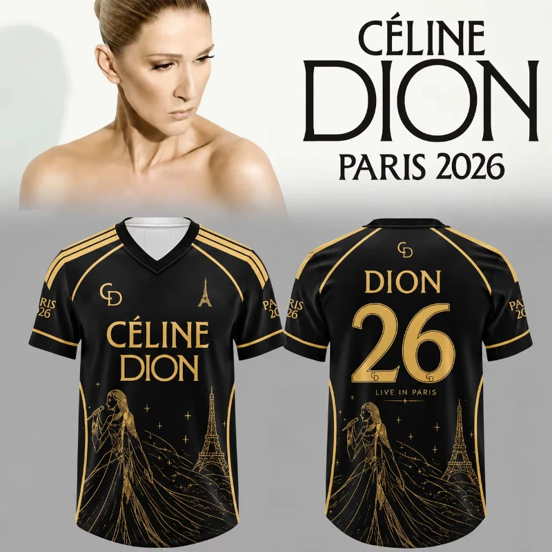 Celine Dion Paris 2026 Tour Soccer Jersey Gold Eiffel Tower Print Unisex V‑Neck Short Sleeve Tee Fan Shirt for Concert Party