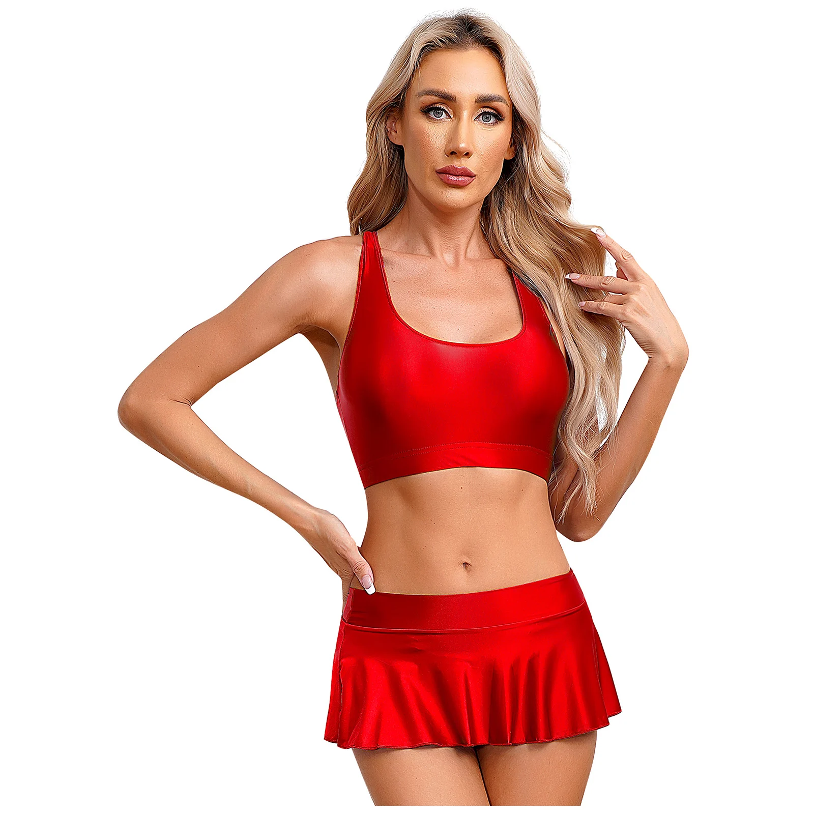 

Womens Glossy Sleeveless Crop Tank Tops Vest with Ruffled Mini Skirt Sports Fitness Yoga Dance Pool Party Swimwear Clubwear