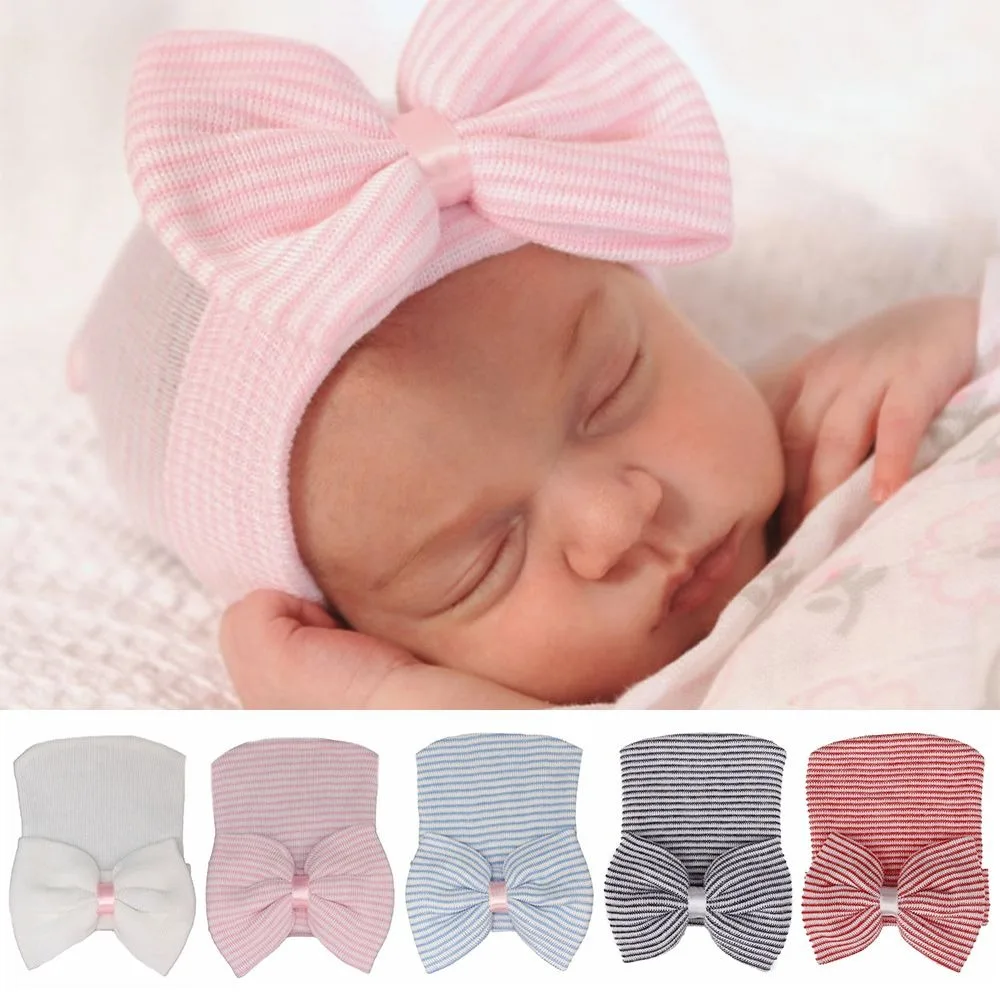 Newborn Hospital Hat Baby Hats Nursery Beanie Cap with Bow Cute Stripe Infant Hat Soft Turban Hats for Baby Girls